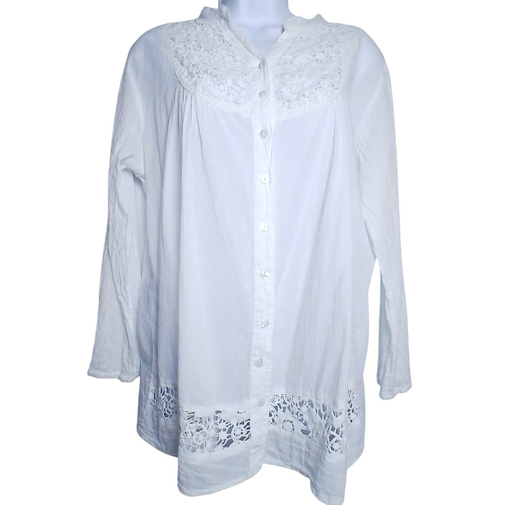 Boho Lagenlook White Cotton Lace Tunic Blouse XL Cottagecore India Button Top